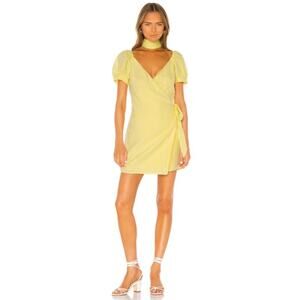 LPA Dress Womens XXL Gionna Linen Wrap Mini Yellow Puff Sleeve Tie Waist